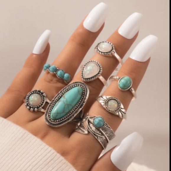 Bohemian Ring Set Rodeo Style Jewelry Blue White Silvery Statement Boho Rings - Picture 5 of 11